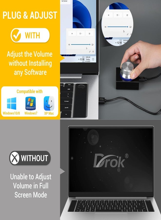 DROK USB Volume Knob, Small PC Computer Speaker Volume Control Audio External USB Volume Control Knob with 1-Key Mute Function Support Win7 8 10 XP Mac Vista Android, Black and Silver - Image 2